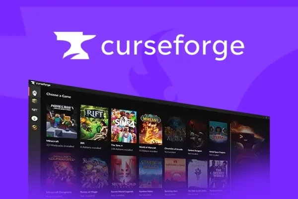 CurseForge homepage banner featuring the logo and a selection of supported games, including Minecraft, Rift, The Sims 4, and World of Warcraft, highlighting its modding platform.