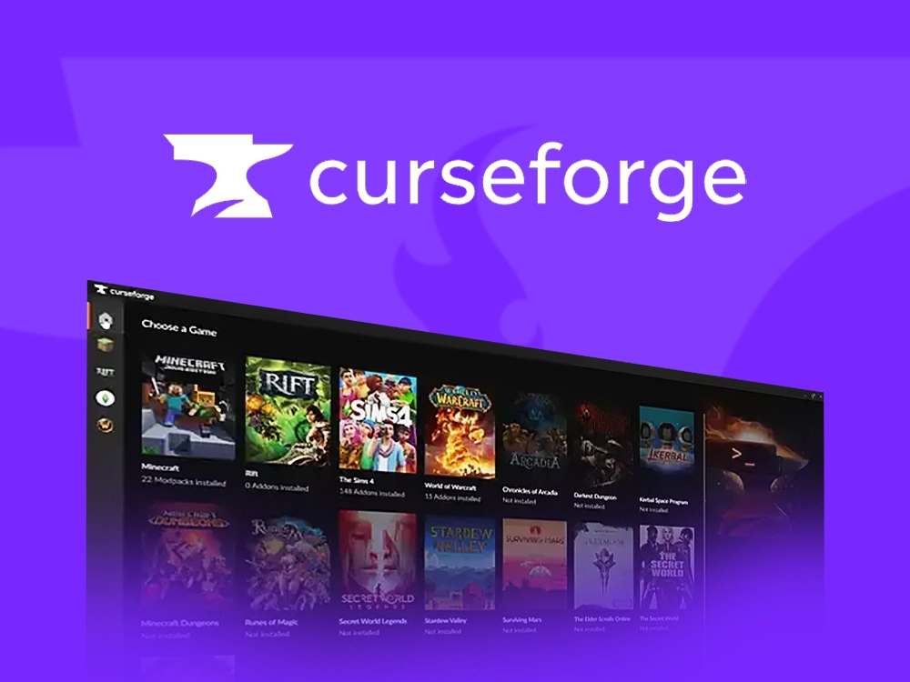 CurseForge homepage banner featuring the logo and a selection of supported games, including Minecraft, Rift, The Sims 4, and World of Warcraft, highlighting its modding platform.