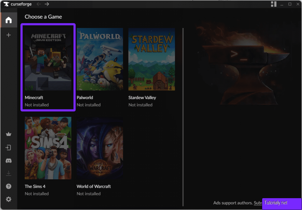 CurseForge game selection screen showing various games, with Minecraft Java Edition highlighted for mod installation.