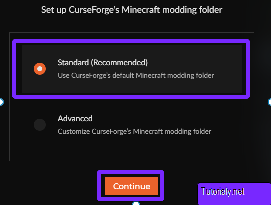 CurseForge setup screen for selecting the Minecraft modding folder, with the "Standard (Recommended)" option and "Continue" button highlighted.