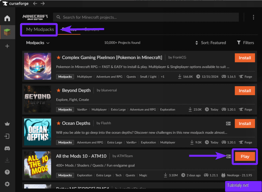 CurseForge "My Modpacks" tab displaying installed Modpacks with the "Play" button highlighted for "All the Mods 10 - ATM10."