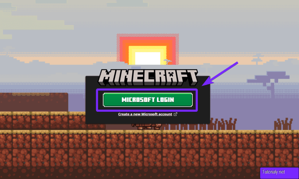 Minecraft login screen with the "Microsoft Login" button highlighted, prompting users to log in with their Microsoft account.