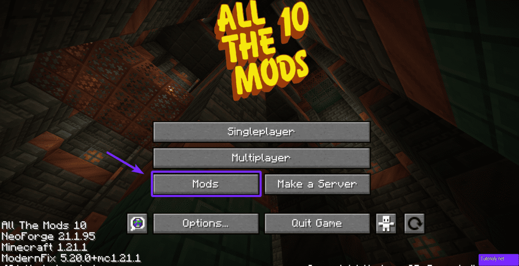 Minecraft main menu for the "All the Mods 10" Modpack, with the "Mods" button highlighted to view installed mods.
