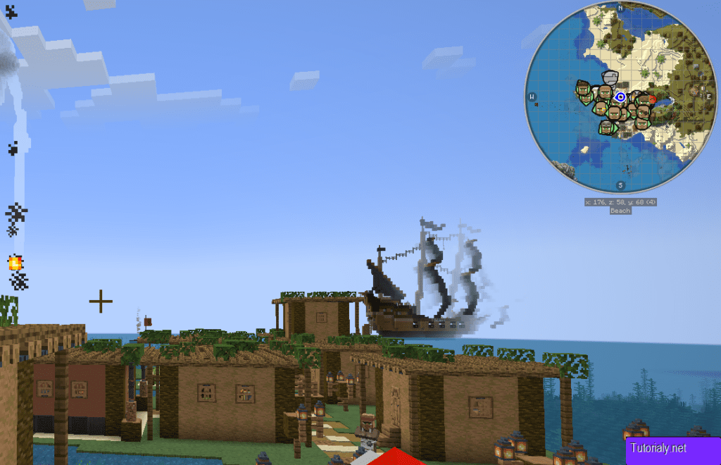 Minecraft gameplay from the "All the Mods 10" Modpack, featuring a coastal village, a ship in the distance, and a minimap in the top-right corner.