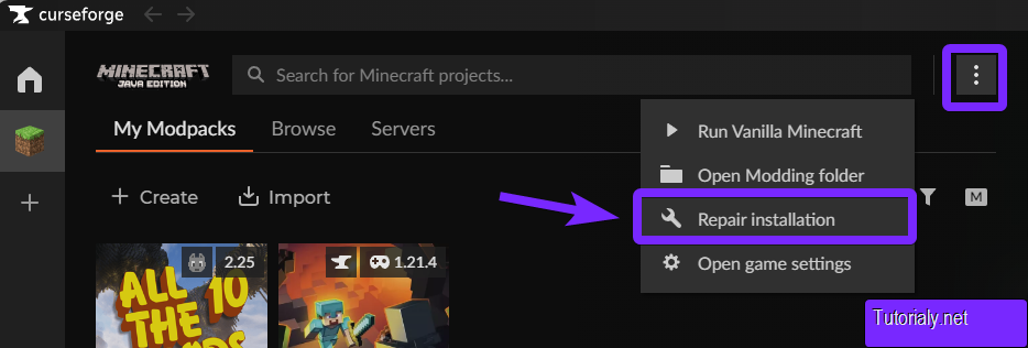 CurseForge "My Modpacks" menu with the three-dot options menu open, highlighting the "Repair Installation" option for troubleshooting.