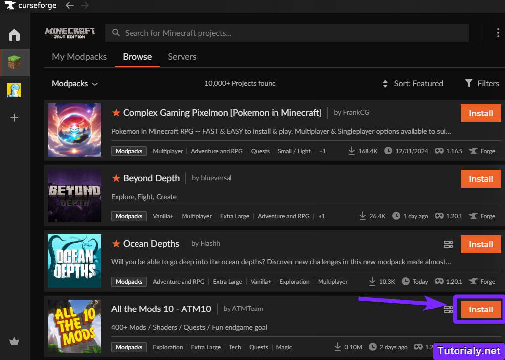 CurseForge "Browse" tab displaying a list of Modpacks with the "Install" button highlighted for the selected Modpack "All the Mods 10 - ATM10."
