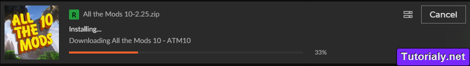 CurseForge installation progress bar for the Modpack "All the Mods 10 - ATM10," showing 33% completion with options to cancel the download.