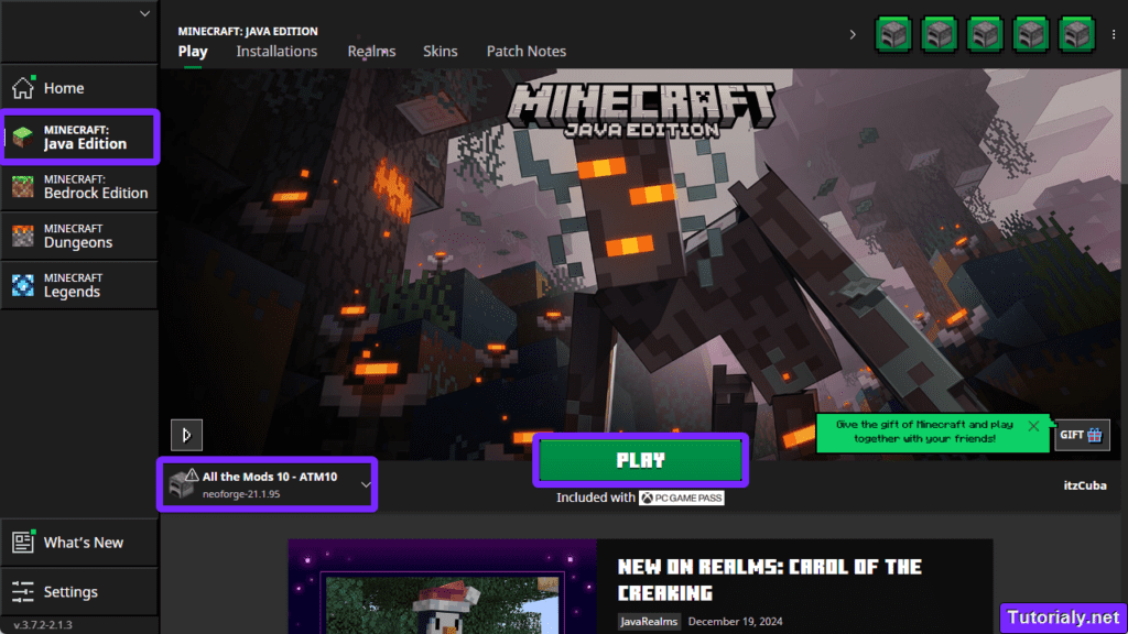 Minecraft Java Edition launcher showing the "All the Mods 10 - ATM10" Modpack selected with the "Play" button highlighted for starting the game.