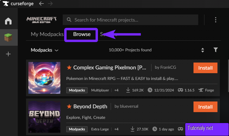 CurseForge Launcher showing the Browse tab highlighted, allowing users to explore modpacks for Minecraft.