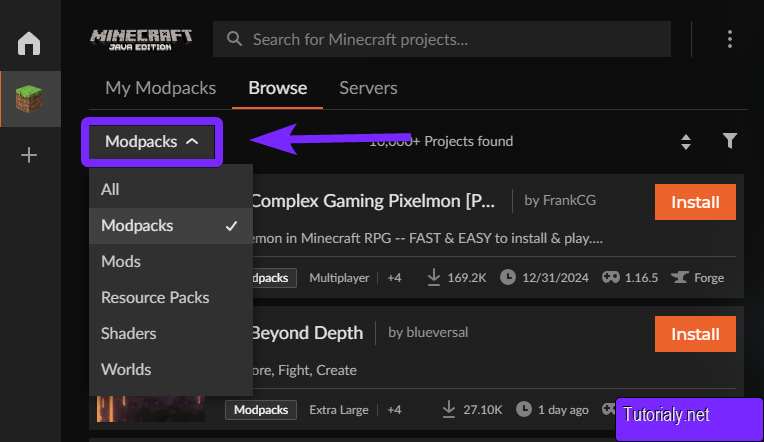 CurseForge Launcher interface highlighting the Modpacks section with a dropdown menu and installation options.