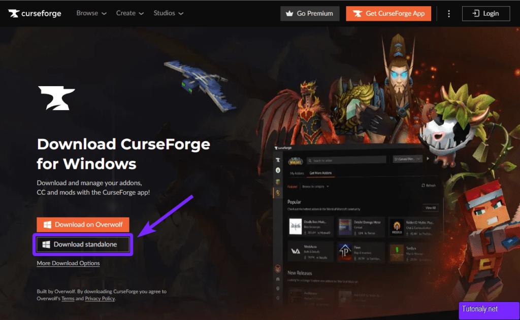 CurseForge download page for Windows with the standalone download option highlighted, featuring colorful game characters.