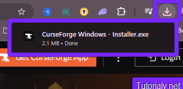 CurseForge Windows installer download notification highlighted in a browser, showing the completed download of the .exe file.
