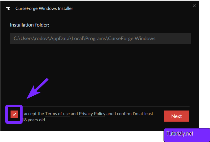 CurseForge Windows Installer screen with the installation folder displayed, and the terms of use checkbox highlighted for acceptance before proceeding.