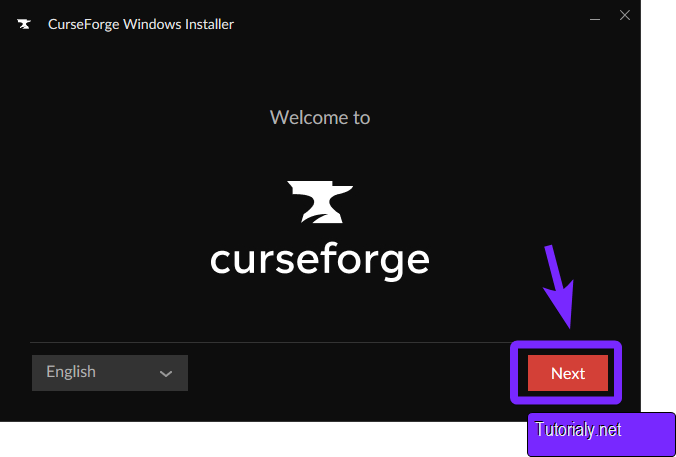 CurseForge Windows Installer welcome screen with the "Next" button highlighted for starting the installation process.