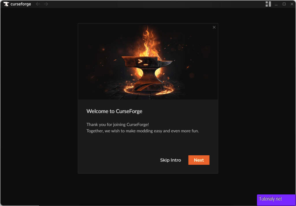 CurseForge welcome screen with a glowing forge icon and options to skip the introduction or proceed by clicking "Next."