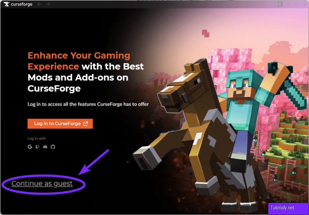 CurseForge login screen featuring a Minecraft character on horseback, with the "Continue as guest" option highlighted for users who prefer not to log in.