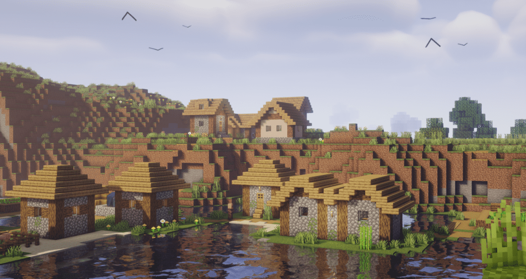 AstraLex Shaders in Minecraft showing a village with insane realistic water and cartoonish feel birds flying around