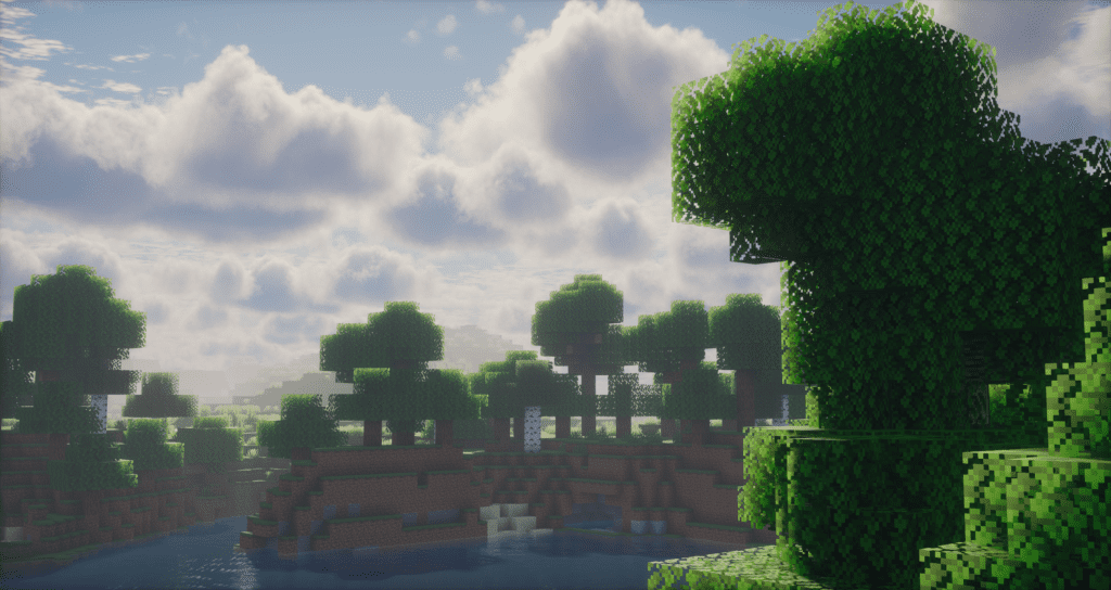 A scenic Minecraft landscape enhanced with Photon Shaders, showcasing realistic cloud formations, soft lighting, and detailed shadows. The water reflects the sunlight beautifully, while the trees and foliage appear vibrant with natural shading effects, creating an immersive and cinematic look.
