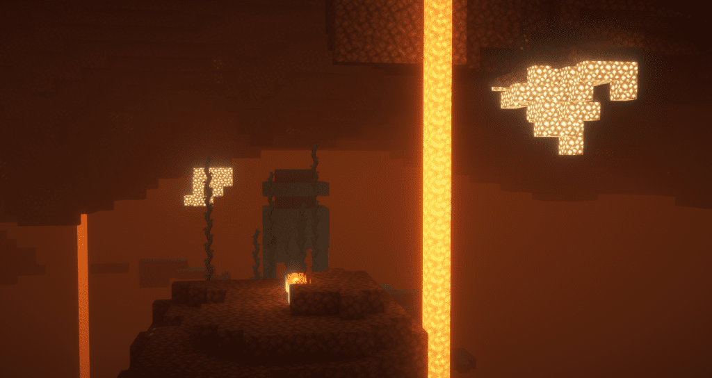 A dramatic and atmospheric view of the Nether enhanced with BSL Shaders. The glowing lava streams cast an intense, warm light, creating realistic illumination and soft shadows. The glowstone formations shine brightly, adding depth to the dark, hazy environment. The subtle fog effect and ambient lighting contribute to an immersive and cinematic feel.