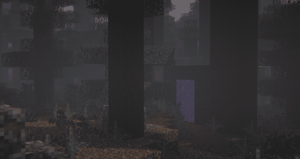 A dark and eerie Minecraft forest enhanced with Insanity Shaders. The dense fog and muted lighting create a haunting atmosphere, while the towering trees cast deep shadows. The glowing Nether portal contrasts sharply against the dim surroundings, adding an unsettling and mysterious feel. The subtle grain effect and cinematic lighting make the scene look more immersive and intense.