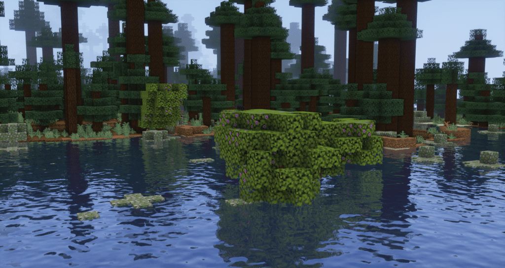 A stunning Minecraft swamp biome enhanced with DrDestens MCShaders. The water features realistic reflections and ripples, creating a lifelike effect. The lush greenery and dense trees appear vibrant, while the soft ambient lighting adds depth to the scene. The atmospheric fog in the background enhances immersion, making the environment feel more dynamic and natural.