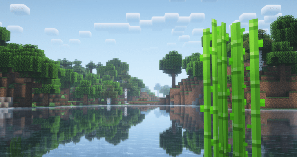 A breathtaking lakeside view in Minecraft enhanced with Complementary Reimagined Shaders. The water reflects the surrounding trees and sky with stunning clarity, creating a mirror-like effect. The vibrant greenery and soft lighting add a natural and immersive feel, while the scattered clouds in the bright blue sky enhance the serene atmosphere. The realistic shading and smooth transitions between light and shadow make the scene visually appealing.