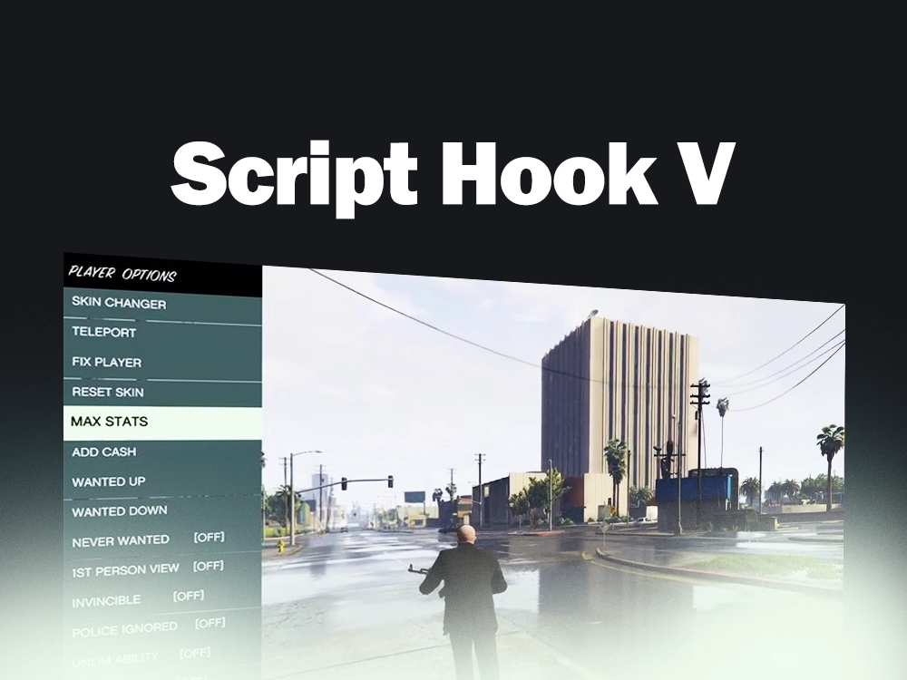 Script Hook V for GTA 5 showcasing the F8 menu with all the custom settings for the mod menu