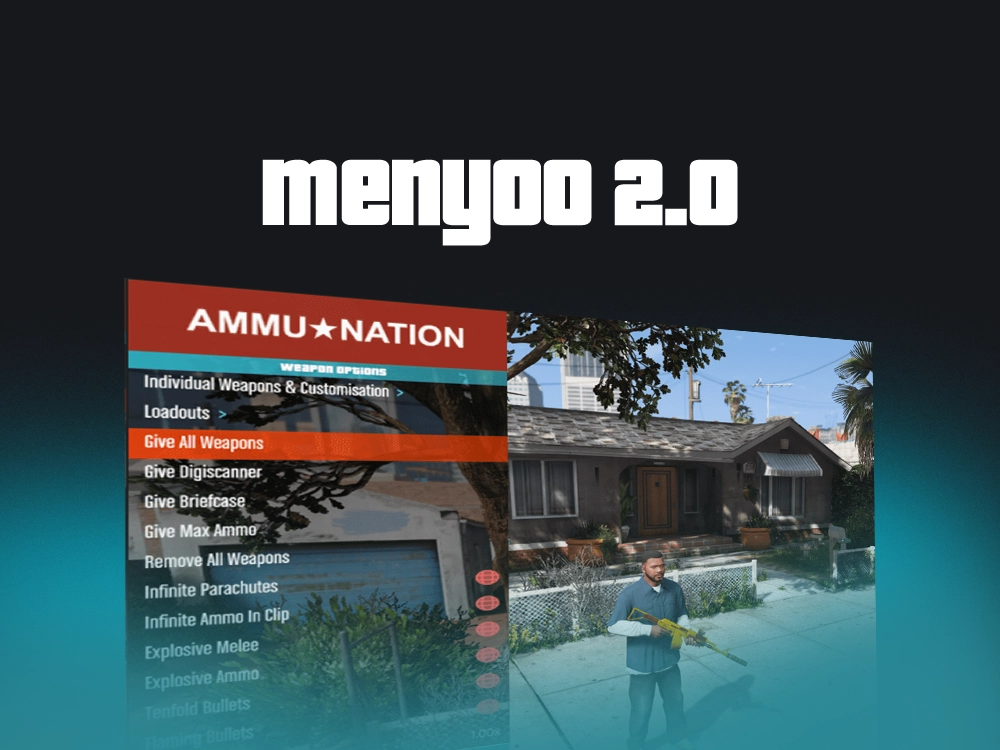 banner portraying the menyoo 2.0 mod menu in GTA 5 in 2025