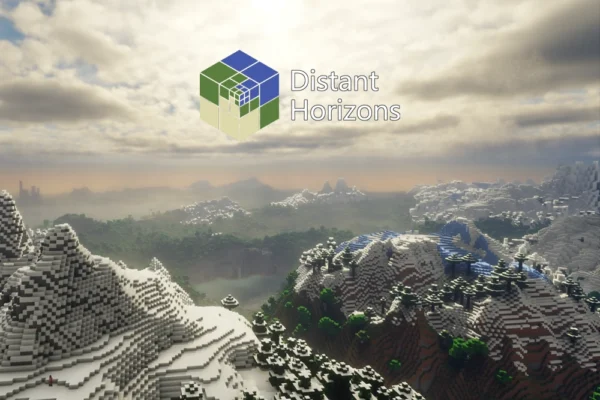Download & Install Distant Horizons in Minecraft (All Versions) Distant Horizons mod for Minecraft showcasing an extended render distance with a stunning landscape of snow-covered mountains and lush valleys under a cloudy sky