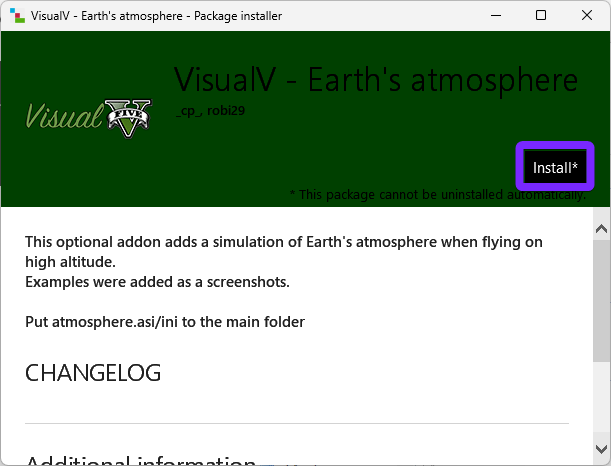 the VisualIV - Earth's Atmosphere Package Installer in OpenIV, displaying an installation window. A purple highlight surrounds the "Install" button, indicating the next step to proceed with installing the mod. The description states that this optional addon simulates Earth's atmosphere when flying at high altitudes. It also instructs users to place atmosphere.asi and atmosphere.ini files into the main folder. The changelog section is visible below, providing additional mod details.