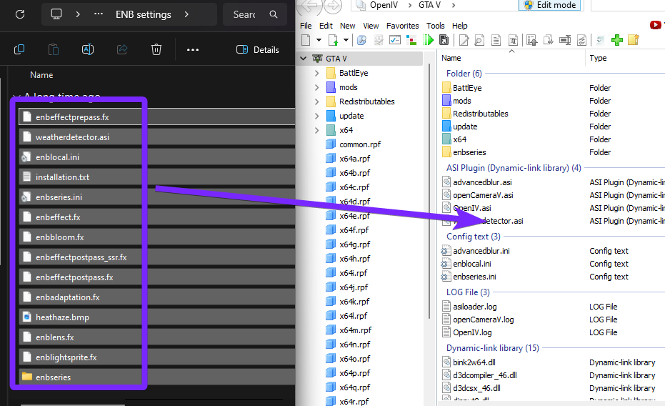 a split-screen view showing File Explorer on the left and OpenIV on the right. In File Explorer, the "ENB settings" folder is open, displaying multiple files, including enbeffect.fx, enblocal.ini, enbseries.ini, weatherdetector.asi, and enblightsprite.fx, all highlighted in purple. A purple arrow points from these files to the OpenIV window, indicating that they need to be dragged and dropped into the GTA V directory. The OpenIV window shows various ASI plugins, config files, and game-related directories, with "Edit mode" enabled at the top.
