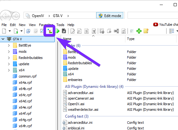 OpenIV software with the GTA V directory open. A purple arrow points to the "Package Installer" button, represented by a green icon with a white folder, indicating where users should click to install .oiv mod files.