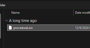 a File Explorer window displaying a single file named procedural.oiv inside a folder. The .oiv file format indicates that this is an OpenIV package file, which can be installed using OpenIV’s Package Installer to modify procedural shadows in GTA V.
