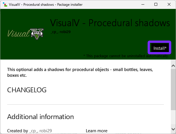 he VisualIV - Procedural Shadows Package Installer in OpenIV, displaying an installation window. A purple highlight surrounds the "Install" button, indicating the next step to proceed with installing the mod. The description mentions that this optional add-on adds shadows for procedural objects such as small bottles, leaves, and boxes. The changelog section is visible below, providing additional mod details.