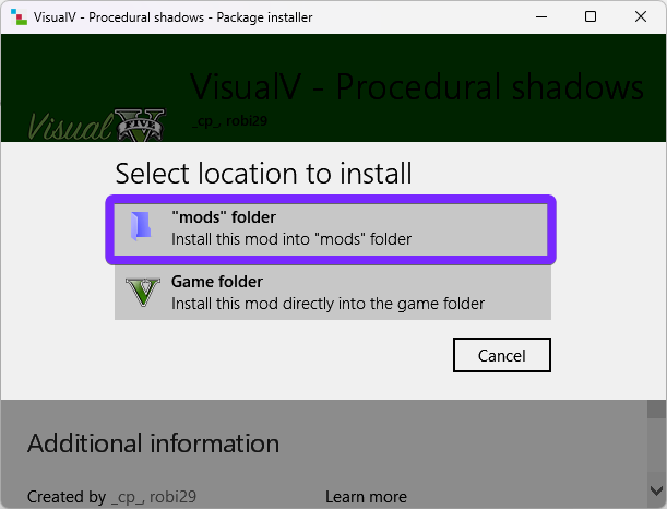 the VisualIV - Procedural Shadows Package Installer in OpenIV, displaying the "Select location to install" window. The "mods" folder option is highlighted in purple, indicating it as the recommended installation location. Below, an alternative "Game folder" option is available but not selected. A "Cancel" button is also visible at the bottom for users who wish to exit the installation process.