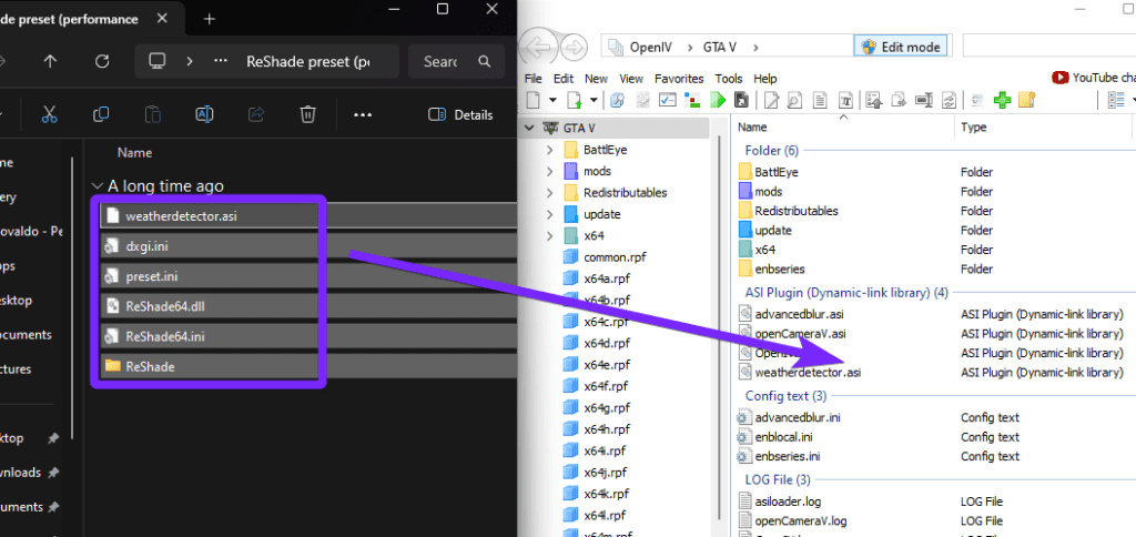 a split-screen view showing File Explorer on the left and OpenIV on the right. In File Explorer, the "ReShade preset (performance loss)" folder is open, displaying multiple highlighted files, including weatherdetector.asi, dxgi.ini, preset.ini, ReShade64.dll, ReShade64.ini, and the ReShade folder. A purple arrow points from these files to the OpenIV window, indicating that they need to be dragged and dropped into the GTA V directory. The OpenIV window displays various ASI plugins, config files, and game-related directories, with "Edit mode" enabled at the top.