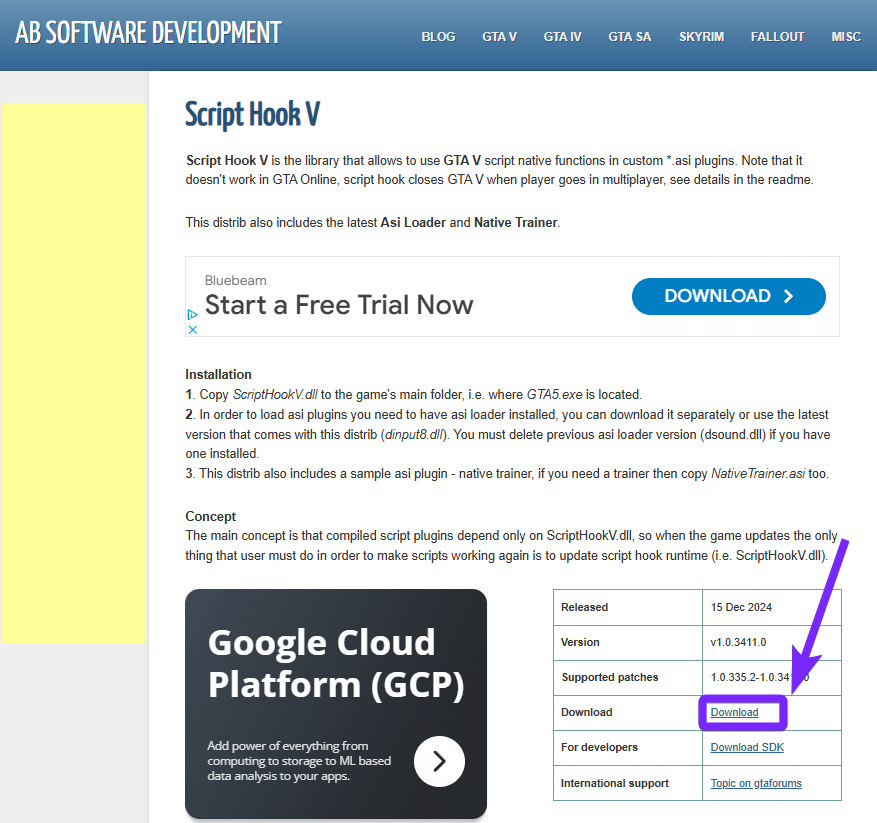 the official Script Hook V website displaying the installation instructions and download links. A purple arrow points to the 'Download' button, which is highlighted, showing where to click to get the latest version of Script Hook V for GTA 5. The page also includes version details, supported patches, and additional resources for developers