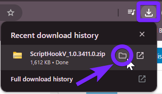 he browser's recent download history showing the file 'ScriptHookV_1.0.3411.0.zip' as successfully downloaded. A purple arrow and highlight point to the folder icon, instructing users to click it to open the download location. The download icon in the top right corner is also highlighted.