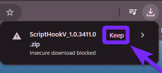 a browser download bar showing the file 'ScriptHookV_1.0.3411.0.zip' with a warning message saying 'Insecure download blocked.' A purple arrow and highlight point to the 'Keep' button, instructing users to click it to proceed with the download.