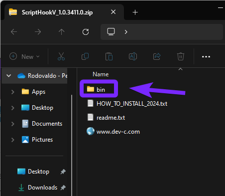 File Explorer opened to the contents of 'ScriptHookV_1.0.3411.0.zip.' The 'bin' folder is highlighted in purple with an arrow pointing to it, indicating where users need to go to access the necessary files for installation.