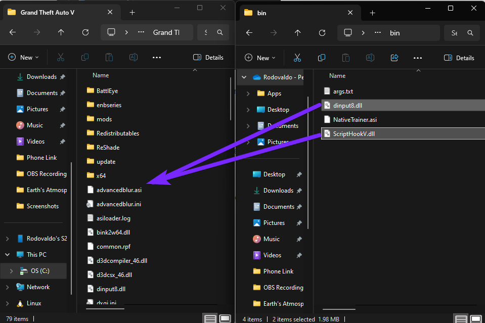 File Explorer showing two windows side by side. The left window displays the GTA 5 installation folder, while the right window shows the 'bin' folder from ScriptHookV. Purple arrows point from 'dinput8.dll' and 'ScriptHookV.dll' in the 'bin' folder to the GTA 5 directory, indicating that these files need to be dragged and dropped for installation.