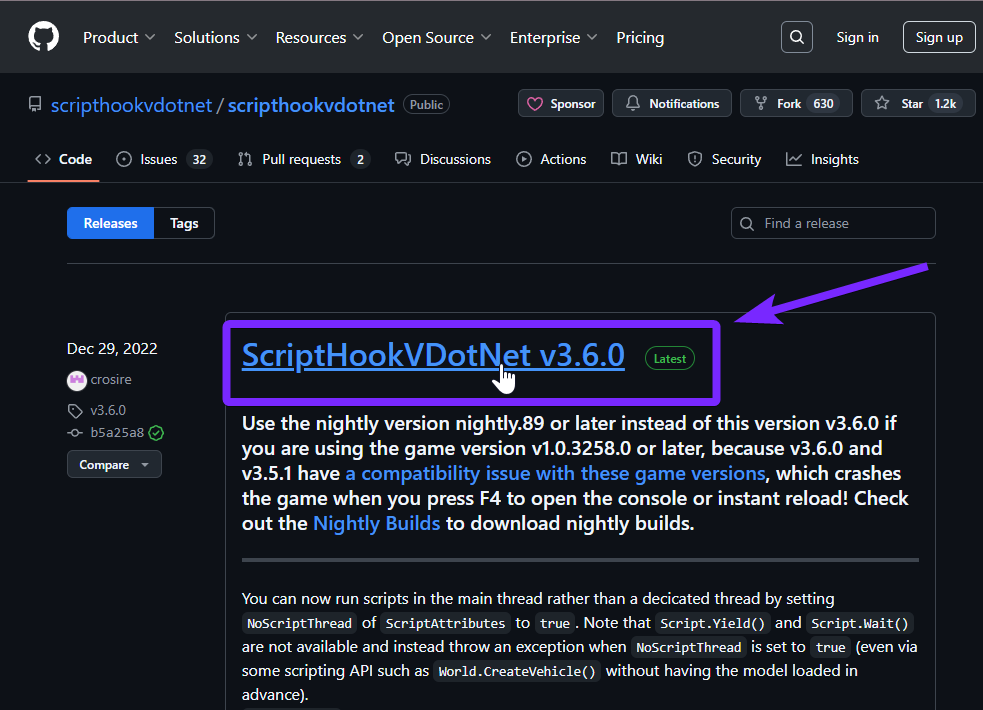 GitHub release page for ScriptHookVDotNet v3.6.0. The release title is highlighted in purple, with an arrow pointing to it, showing where users need to click to download the latest version. Additional text below provides compatibility information and warnings about certain game versions.
