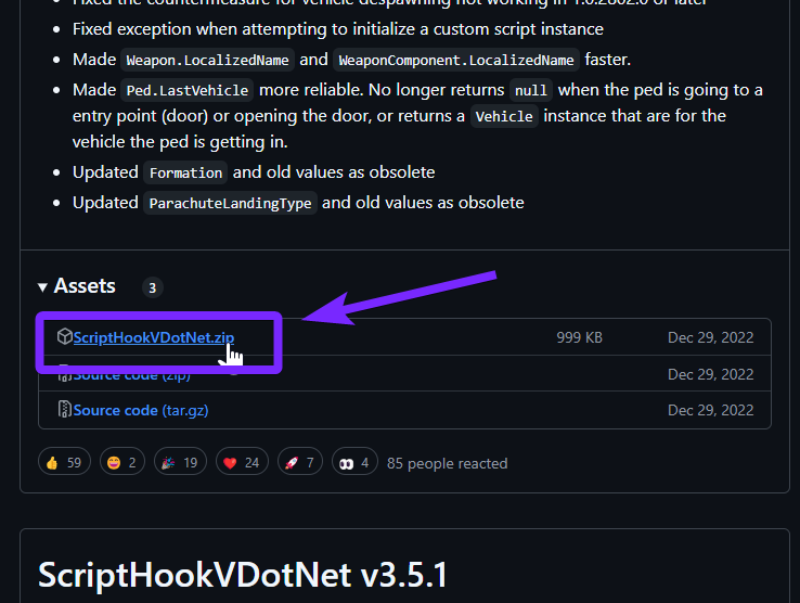 GitHub assets section showing the available downloads for ScriptHookVDotNet. The 'ScriptHookVDotNet.zip' file is highlighted in purple with an arrow pointing to it, indicating where users should click to download the file. Additional metadata, such as file size and upload date, is visible.