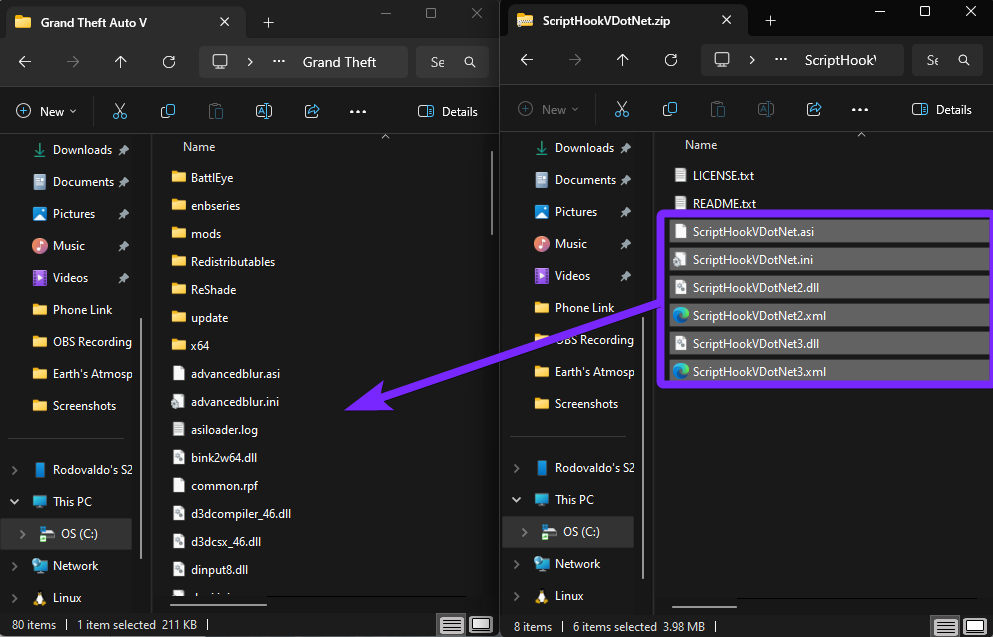File Explorer displaying two windows side by side. The left window shows the GTA 5 installation folder, while the right window contains the extracted files from 'ScriptHookVDotNet.zip.' A purple arrow points from the ScriptHookVDotNet files in the right window to the GTA 5 directory on the left, indicating that these files need to be copied and pasted into the game's main folder