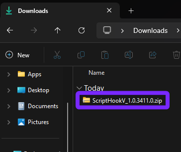 the Windows File Explorer opened to the 'Downloads' folder, showing the downloaded file 'ScriptHookV_1.0.3411.0.zip.' The file is highlighted in purple, indicating where users can find it after downloading