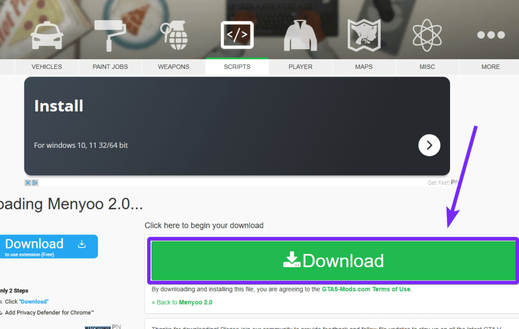 5Mods website page displaying the Menyoo 2.0 mod download section. The 'Download' button is highlighted in green with a purple arrow pointing to it, indicating where users should click to download the mod. The page also contains advertisements and navigation tabs for different mod categories.