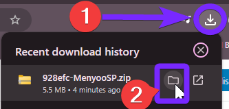 Browser download menu showing the recently downloaded file '928efc-MenyooSP.zip.' A purple arrow labeled '1' points to the download icon in the top right corner of the browser. A second highlight labeled '2' points to the folder icon, indicating where users should click to open the download location