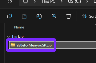 Windows File Explorer open to the Downloads folder, showing the downloaded file '928efc-MenyooSP.zip.' The file is highlighted in purple, indicating where users can find it after downloading.