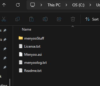 Windows File Explorer displaying the extracted contents of the Menyoo mod folder. The files shown include 'menyooStuff' (a folder), 'License.txt,' 'Menyoo.asi,' 'menyoolog.txt,' and 'Readme.txt,' which are essential for installing Menyoo 2.0 in GTA 5