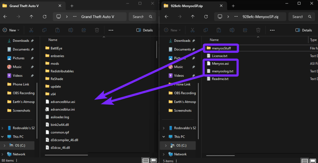 Windows File Explorer displaying two side-by-side windows. The left window shows the GTA 5 installation folder, while the right window contains the extracted Menyoo mod files. Purple arrows point from the 'menyooStuff' folder and 'Menyoo.asi' file in the right window to the GTA 5 directory on the left, indicating that these files need to be copied and pasted for installation.